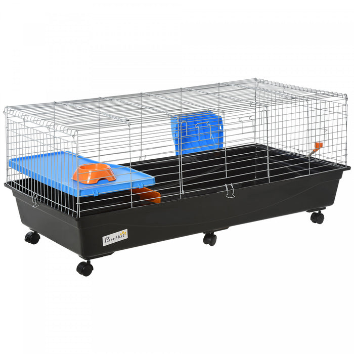 Pawhut 47\" Small Animal Cage, Rolling Bunny Cage, Guinea Pig Cage With Food Dish, Water Bottle, Hay Feeder, Platform, Ramp For Ferret Chinchilla, Black