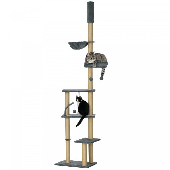 Pawhut floor To Ceiling Cat Tree, 90.5\" - 98.5\" Adjustable height Cat Tower with Scratching Post, Dangling Balls, Platforms, Bed, Hammock, Grey