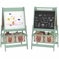 Qaba Art Easel for Kids, 3-in-1 Double-Sided Kids Easel with Paper Roll, Whiteboard & Chalkboard, 2 Storage Boxes, Gift for Boys, Girls Ages 3-8, Green, Fox and Bear