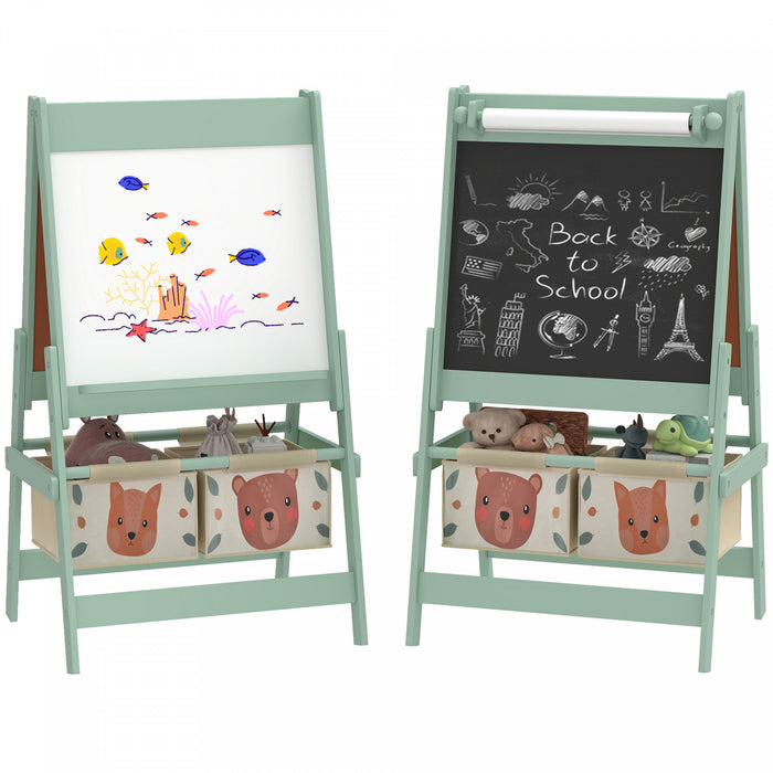 Qaba Art Easel for Kids, 3-in-1 Double-Sided Kids Easel with Paper Roll, Whiteboard & Chalkboard, 2 Storage Boxes, Gift for Boys, Girls Ages 3-8, Green, Fox and Bear