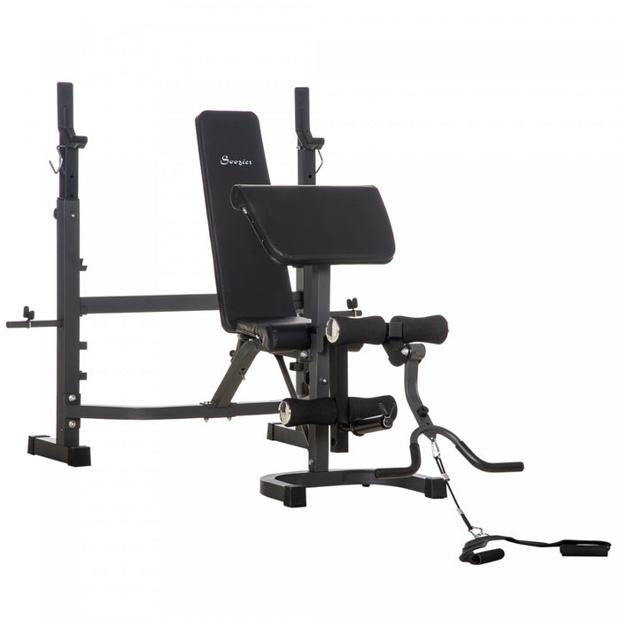 Soozier Weight Bench Stand With Squat Rack, Adjustable Olympic Bench, Multifunctional Arm Curl Pad, Leg Extension, Barbell Stand, Strength Training, Workout Equipment For Home, Office, Gym, Grey