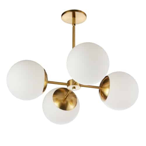 Dainolite Dayana 4 Light Chandelier Aged Brass White Glass Lamp