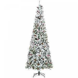 Homcom 9ft Snow Artificial Christmas Tree With Pine Cone, Red Berry