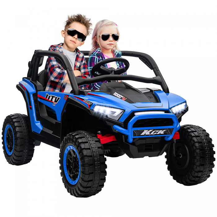 Qaba 24v 7ah Powered Ride-On Truck, 2 Seater 4wd Battery Powered Electric Car For Kids With 4 Spring Suspension Wheels, Remote Control, 3 Speed, Led Lights, Mp3 Player, Horn, Music, Blue