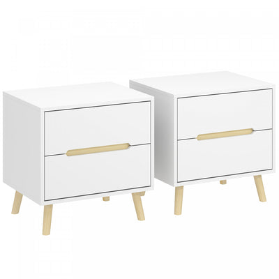 HOMCOM Nightstands Set of 2, Bedside Table w/ 2 Drawers and Wood Legs White