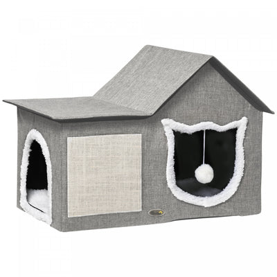 Pawhut Cat Bed For Indoor, Large Cat House With Soft Cushion, Scratching Pad, Dangling Ball, Kitten Condo Hideaway With Dual Entrances, Grey