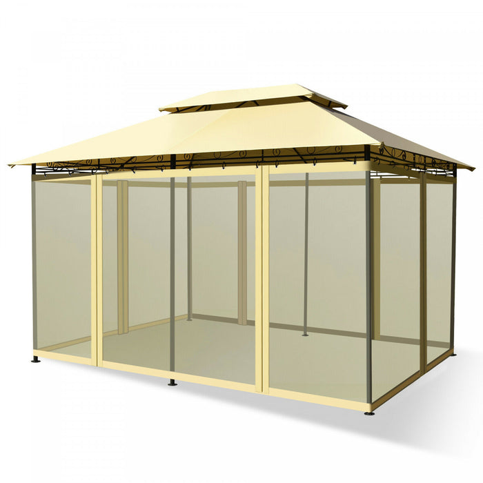 2-tier 10'x13' Steel Gazebo Canopy Tent Shelter Patio Garden Outdoor Netting Beige