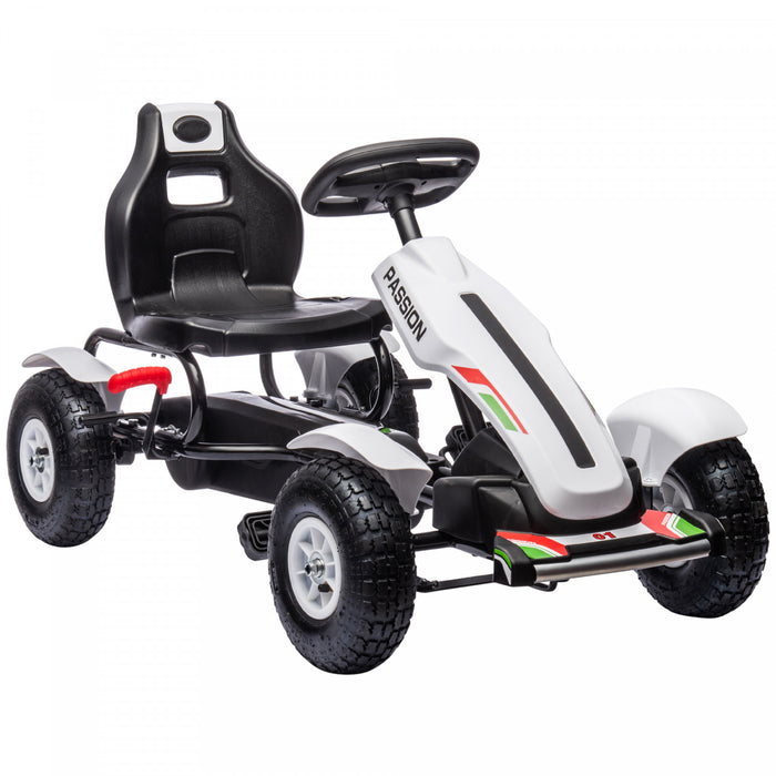 Aosom Pedal Go Kart For Kids, Pedal Powered Ride-On Car With Adjustable Bucket, Handbrake, 4 Rubber Wheels Powered Ride, Indoor Foot Racer, Aged 5-12 Years Old, White