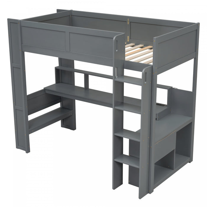 Jackson Twin Solid Wood Loft Bed With Desk, Multi-storage Shelves, Led And Charging Station, Dark Grey