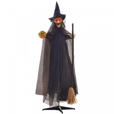 Homcom Halloween Witch With Broomstick Animatronic Prop With Light Up Eyes|Homcom 75" Sorciere Avec Balai Decoration Exterieure D'halloween