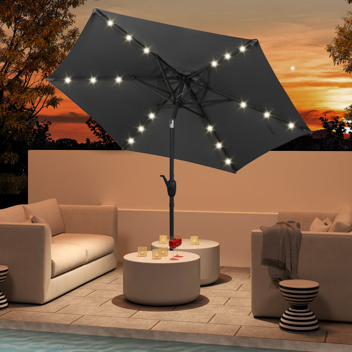 Costway 7.5 ft Solar Powered Patio Umbrella with LED Lights Push Button Tilt Crank Handle Gray