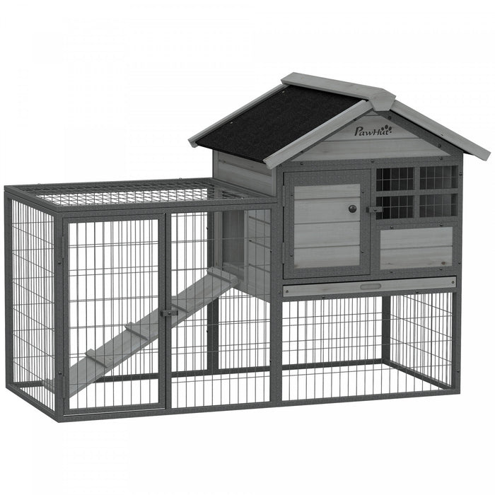 PawHut Rabbit Hutch Outdoor, 48\"L Large Wooden Bunny Cage with Run, Robust Metal Frame, Removable Plastic Tray, Asphalt Roof, Ramp, Guinea Pig Cage for 1-2 Rabbits, Grey