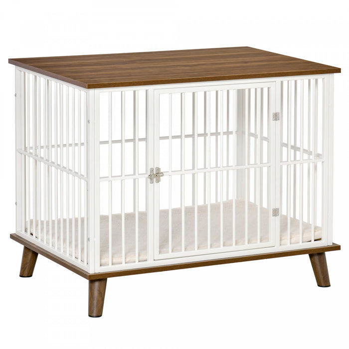 Pawhut Dog Crate, Furniture Style Pet Cage Kennel, End Table, Decorative Dog House, With Soft Cushion, Wooden Top, Door, For Small & Medium Dogs, Indoor Use, Brown