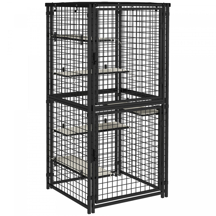 Pawhut 71\"h Large Cat Cage, Multi-level Catio Outdoor Cat Enclosure With Uv-and Water Resistant Cover, 5 Platforms, Soft Pads, Double Doors, Metal For Indoor Outdoor Use, Black