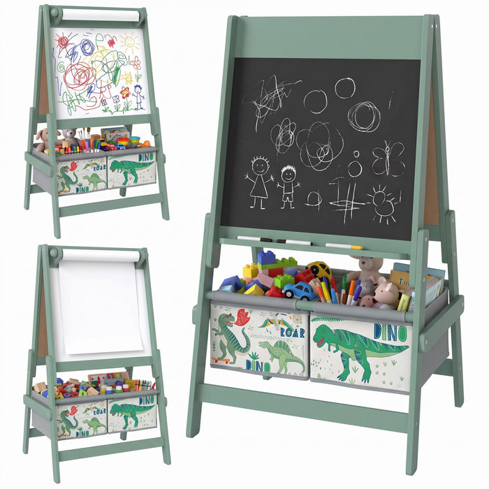 Qaba Art Easel for Kids, 3-in-1 Double-Sided Kids Easel with Chalkboard and Whiteboard, Paper Roll, 2 Storage Bins, Under-Board Shelf, Gift for Boys Girls Ages 3-8, Green