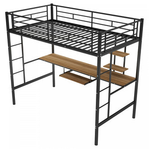 Andy Twin Loft Space-saving Metal Bed With Desk And Led Light, Black
