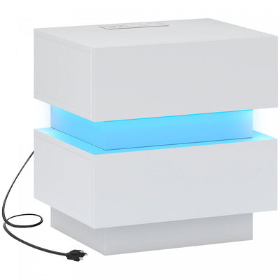 HOMCOM Modern Nightstand with Charging Station and LED Light for Bedroom
