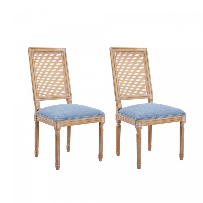 Oliver Solid Wood Rubberwood Dining Chair Set of 2 with Upholstered Seat Cane Backrest and Fluted Legs,Blue