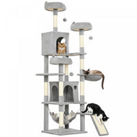 PawHut Cat Tree, 76 Inches Large Multi-Level Cat Tower for Indoor Kittens with 8 Scratching Posts, 3 Plush Beds, 2 Hammocks, 2 Large Condos, Ramp, Pompoms, Light Grey