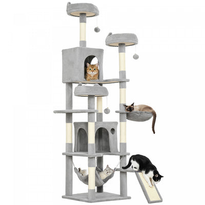 PawHut Cat Tree, 76 Inches Large Multi-Level Cat Tower for Indoor Kittens with 8 Scratching Posts, 3 Plush Beds, 2 Hammocks, 2 Large Condos, Ramp, Pompoms, Light Grey