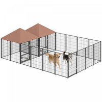PawHut Outdoor Dog Kennel with 2 Rooms, Heavy Duty Dog Run with Rotating and Adjustable Height Bowls, Waterproof UV-Resistant Cover for Large Breeds, Ducks, 13.5' x 9.5' x 5'