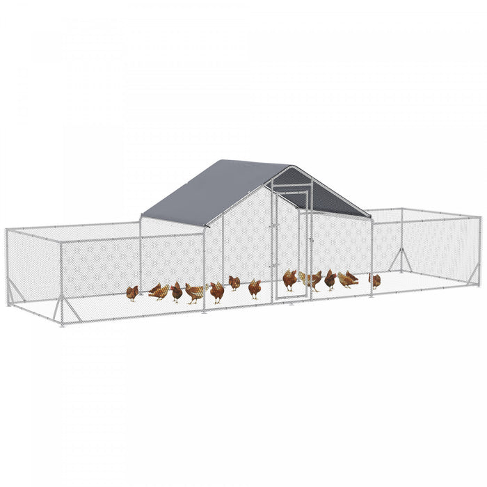 Pawhut Chicken Run, 23' X 6.6' Metal Chicken Coop With Waterproof And Anti-uv Cover, Spire Roof, Door, For 12-14 Chickens, Ducks, Rabbits, Sliver