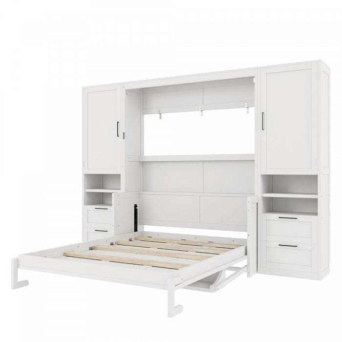 Maria Murphy Bed with Drawers and Shelves,Queen Size,White Queen Bed