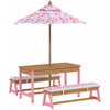 Qaba Kids Picnic Table with Umbrella, Toddler Sand and Water Table Outdoor, with Cushions & 2 x Boxes, Wooden Outdoor Activity Table and Bench Set for Backyard Garden Patio, Pink