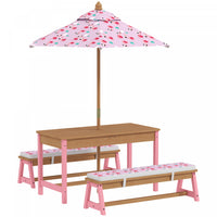 Qaba Kids Picnic Table with Umbrella, Toddler Sand and Water Table Outdoor, with Cushions & 2 x Boxes, Wooden Outdoor Activity Table and Bench Set for Backyard Garden Patio, Pink