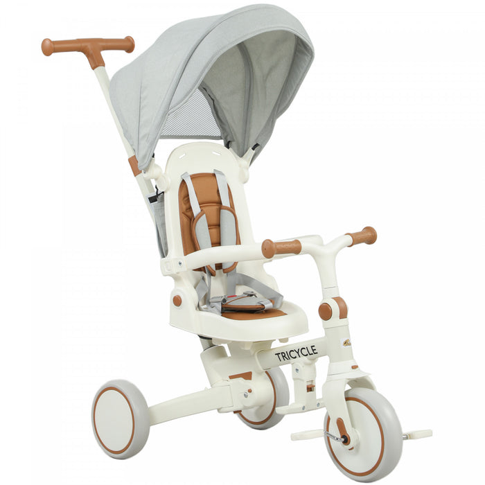 Qaba Toddler Tricycle, 7 In 1 Kids Trike With Adjustable & Removable Parent Handle, Canopy, Safety Harness, Folding Pedal, Storage Bag, Brake, Clutch, For 1-5 Years, Cream White