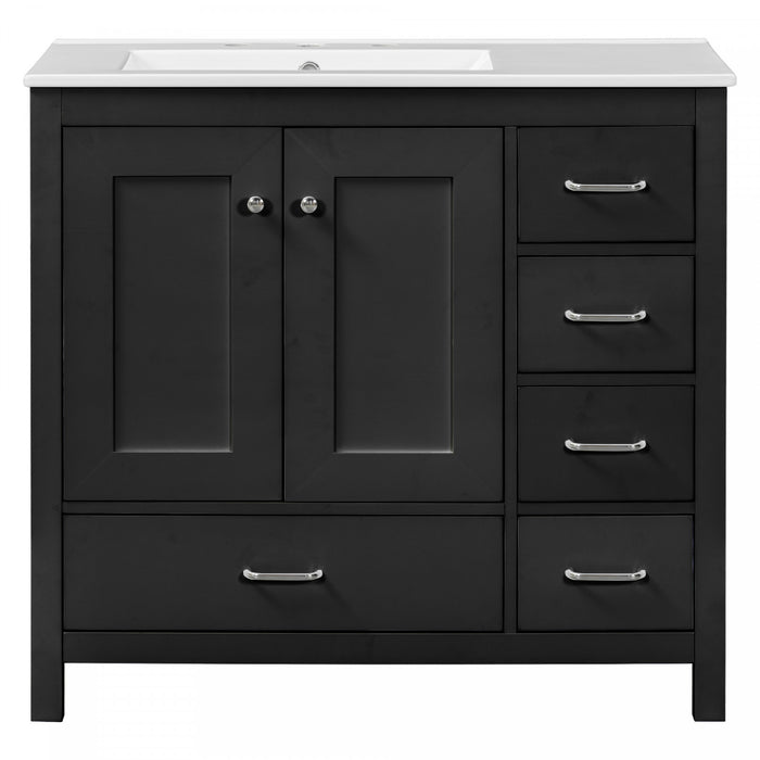 Derek 36 Inch Modern Bathroom Vanity with Ceramic Sink & Multi Storage, Black