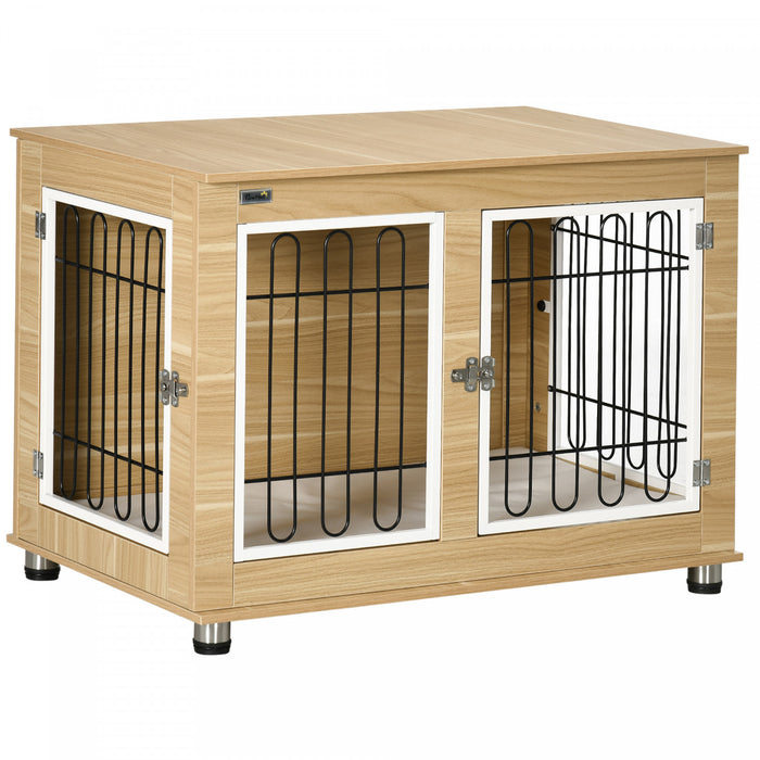 Pawhut Pet Crate End Table With Soft Cushion, Double-door Dog Crate Furniture For Medium Large Dogs, Wooden Wire Pet Kennel For Indoor Use
