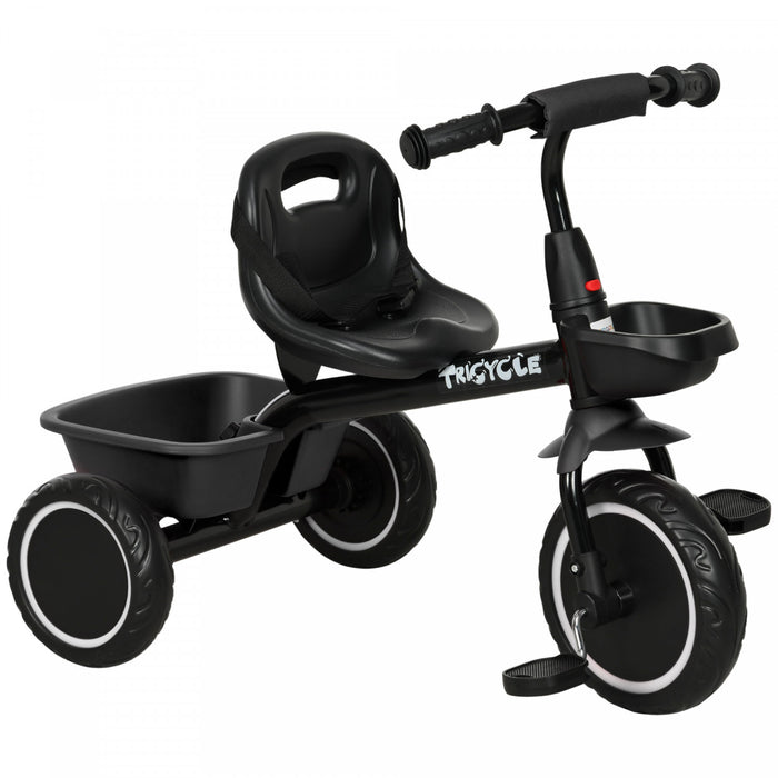 Qaba Large Kids Tricycle For Toddler 2-5 Year Old Girls And Boys, Toddler Trike Bike With Adjustable Seat, Safety Belt, Two Storage Baskets, Black