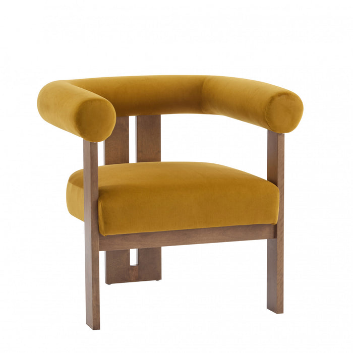 Crest Modern Upholstered Round Arm Accent Chair with Three-Leg Design, Mustard Yellow, Walnut