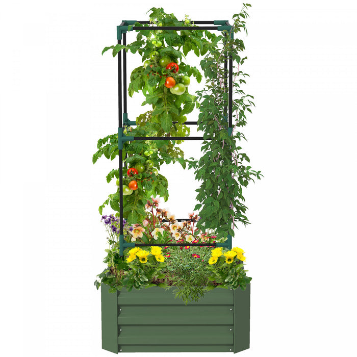 Outsunny Raised Garden Bed, 24\" X 24\" X 11.8\" Outdoor Galvanized Planter Box With 3-tier Trellis Tomato Cage And Open Bottom For Climbing Vines, Vegetables, Flowers, Green