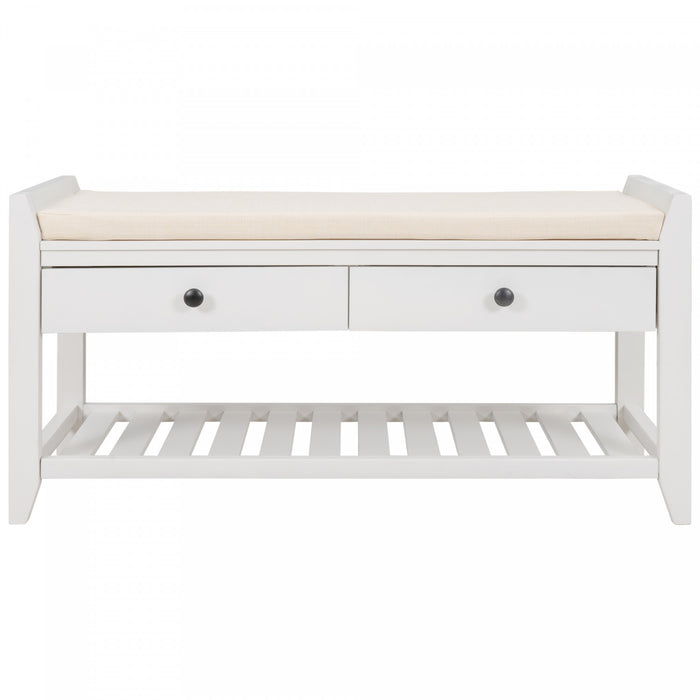 Stephanie Pine Wood Shoe Rack Bench With Cushioned Seat With Storage Drawers - White
