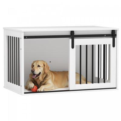 Pawhut Dog Crate Furniture, 39" Dog Crate End Table Indoor Dog House For Large Dogs, With Sliding Door, Lock, White