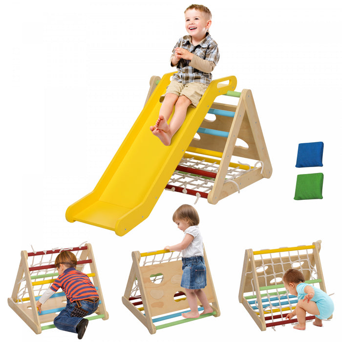 Qaba Pikler Triangle Set, 5 In 1 Climbing Toys For Toddlers, Indoor Montessori Climbing Set, Wooden Jungle Gym For Kids, With Slide, Sandbags, For 18-48 Months, Multicolour