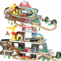 Qaba Wooden Train Set, 79 Pcs Toy Railway Set Mine Themed with Track, Crane, Helicopter & Accessories, STEM Toys Gift for Kids Toddlers, Boys & Girls 3+ Years