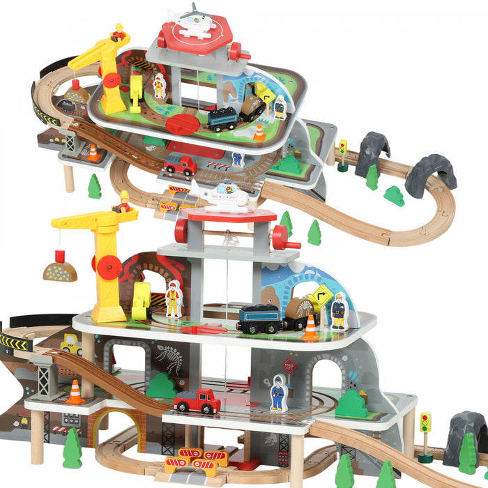 Qaba Wooden Train Set, 79 Pcs Toy Railway Set Mine Themed with Track, Crane, Helicopter & Accessories, STEM Toys Gift for Kids Toddlers, Boys & Girls 3+ Years