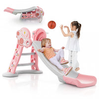 Costway 3-in-1 Kids Indoor Slide With Basketball Hoop & Basketball, Safe Buffer Zone Pink