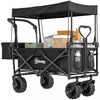 Outsunny 80L Folding Wagon Cart with Wheels, Heavy-Duty Collapsible Garden Trolley for Camping, Beach, Removable Canopy, Adjustable Handle, Cup Holders, Black