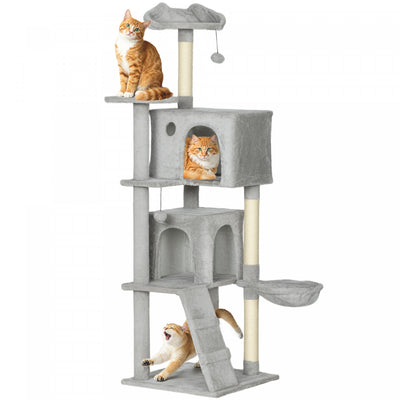 PawHut Cat Tree, 63 Inch Multi-Level Large Cat Tower with Sisal Scratching Posts, Condos, Plush Perches, Hammock, Ladder, Dangling Balls, for Indoor Kittens, Light Grey
