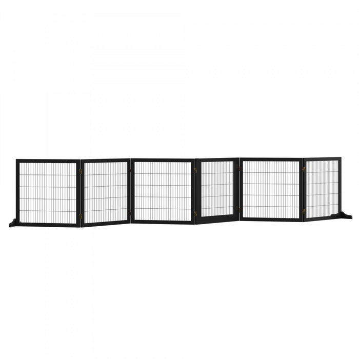 Pawhut Wooden Pet Gate, Dog Safety Barrier, Freestanding Foldable Fence, W/ 6 Panels, 2 Support Feet, For House Doorway Stairs, Small & Medium Dogs, Black