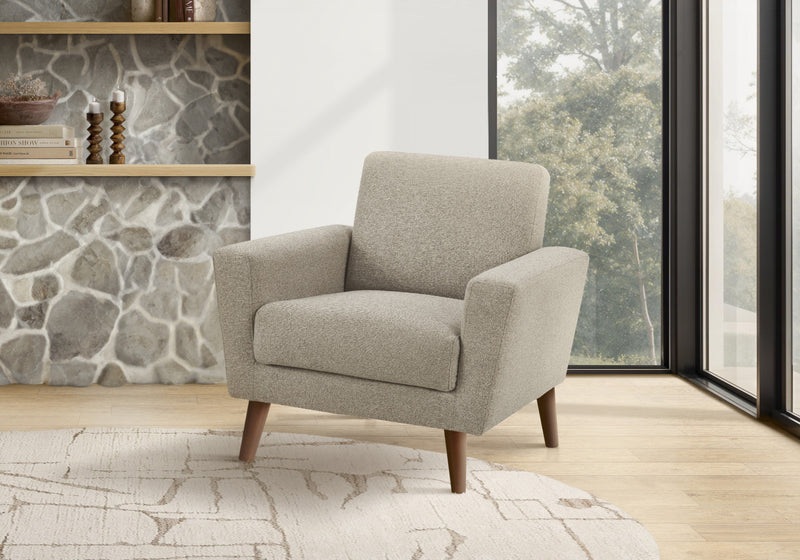 Upholstered Accent Chair, 34\" Wide, Light Brown Fabric, Walnut Wood Legs, Mid-Century Accent Chair