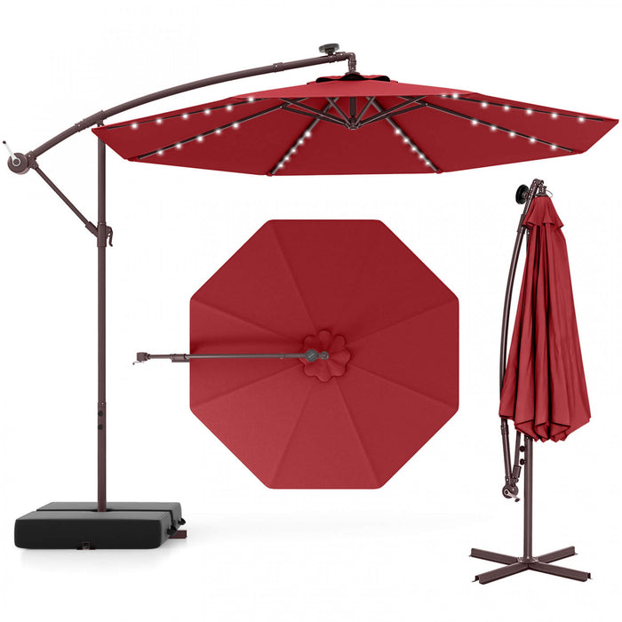 Costway Patio 10FT Hanging Offset Umbrella 32 LED Lights Sand Bag Outdoor Cross Base Wine