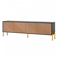 Arcadia 70.5 Inch Modern TV Cabinet with Textured Doors and Gold Legs, Black/Wood