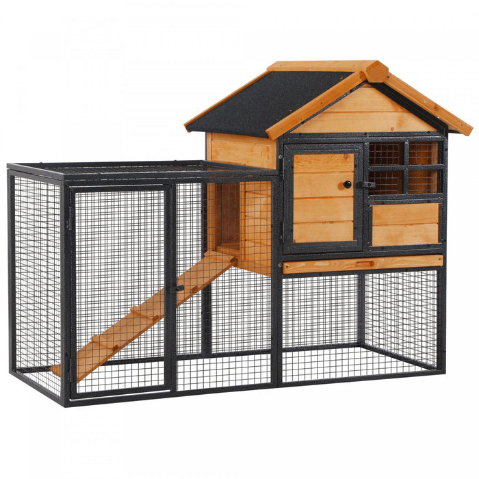 Pawhut Wood-metal Pet House Elevated Rabbit Hutch Bunny Cage Small Animal Habitat With Slide-out Tray Lockable Door Water-resistant Asphalt Roof Outdoor 48\"x25\"x36\" Light Yellow