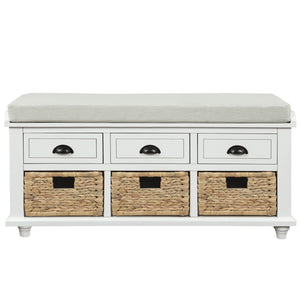 Harvey Solid Wood Storage Bench With Drawers And Rattan Baskets - White