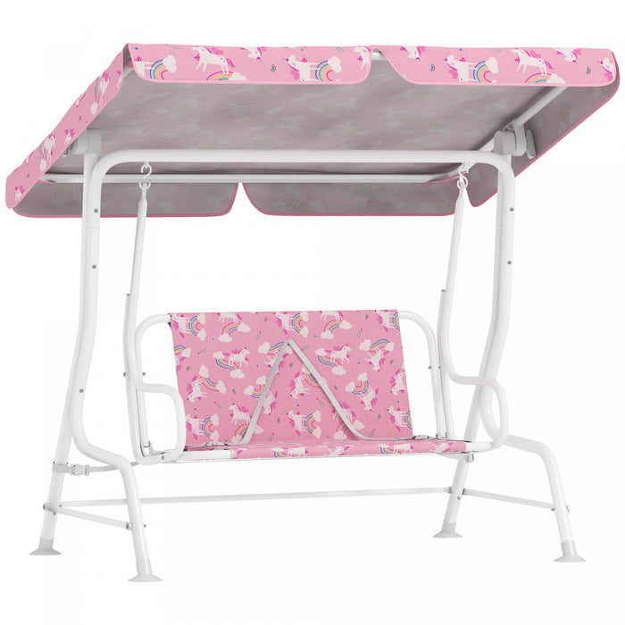 Qaba Kids Porch Swing, 2-Seater Patio Swing Bench Hammock with Safety Belts, Adjustable Canopy, Indoor Outdoor for Backyard, Garden, Poolside, Playroom (Pink, Unicorn & Rainbow)